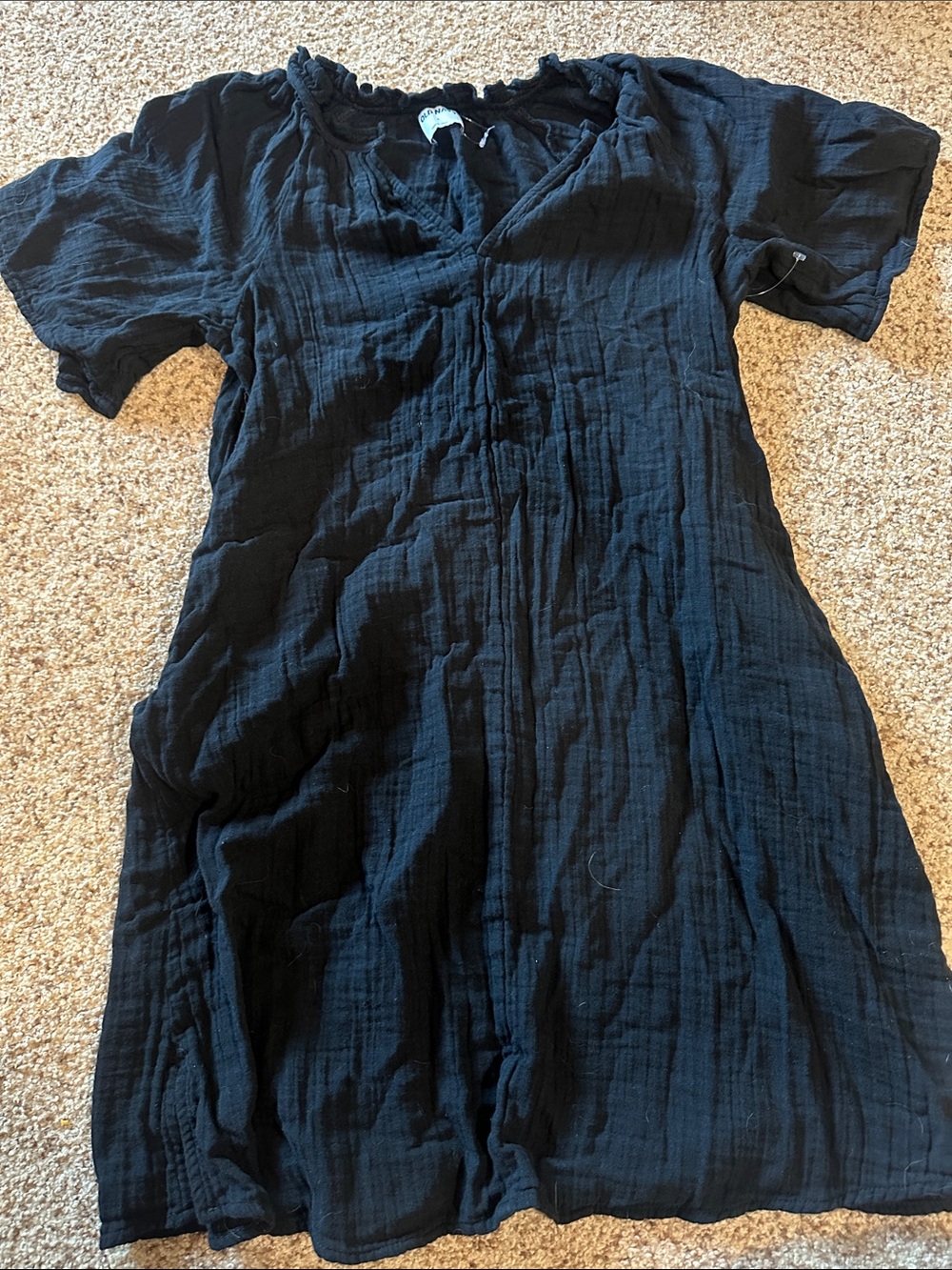 Black Gauze V-Neck Midi Dress with Pockets